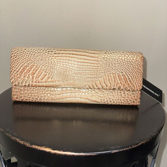 NWT Expressions NYC Faux Crocodile Print Shoulder Clutch Beige Tan Metallic Gold - Picture 1 of 6